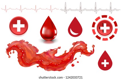 Blood drop splatter in vector, medical cross, donation, ambulance red clip art isolated on white background.