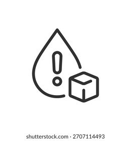 Gota de sangre con cubo de azúcar y signo de exclamación, icono lineal. Alerta de azúcar en la sangre y advertencia de diabetes. Línea con trazo editable.