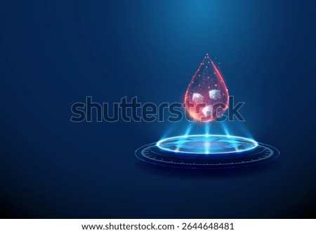 Blood drop with sugar cubes on futuristic podium Diabetes, blood sugar level, glucose monitoring, metabolic health concept Glowing blood symbol, sci-fi platform with neon lighting, light beams. Vector