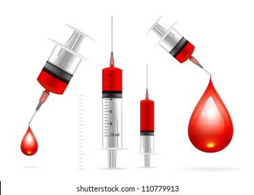 Blood drop and syringe. Vector set illustration on white