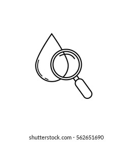 Blood drop test with magnifier line icon, vector graphics, linear pattern on a white background, eps 10.