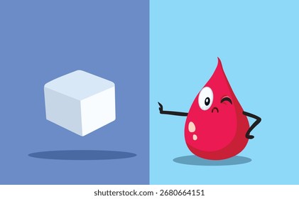 
Carácter de Vector de gota de sangre diciendo no a Sugar Cube. Estilo de vida sin azúcar evitando la diabetes y otras afecciones 
