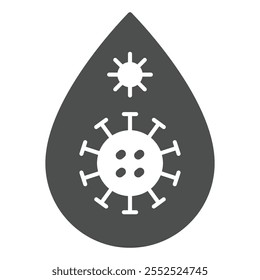 Gota de sangre con el icono sólido del virus, concepto del coronavirus. Gráficos de Vector. Signo del virus de la gota de agua en el fondo blanco, icono del estilo del glifo para el móvil o el Diseño web