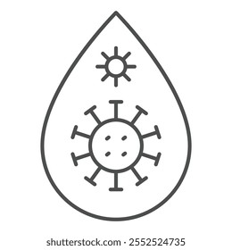 Bluttropfen mit Virus dünnen Linie Symbol, Coronavirus Konzept. Vektorgrafiken. Wassertropfen-Viruszeichen auf weißem Hintergrund, Umrissstil-Symbol für mobiles oder Web-Design