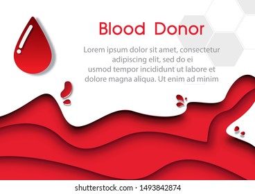 Blood droplet with example texts on white and red layers abstract wave background. Card and poster of Blood donor in vector design.
