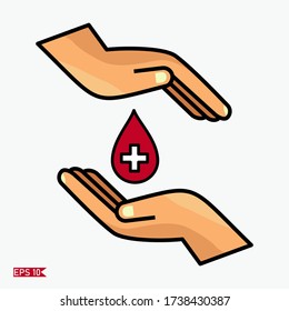 la sangre cae entre dos palmas. ilustración de manos y gotas de sangre, en un estilo plano.