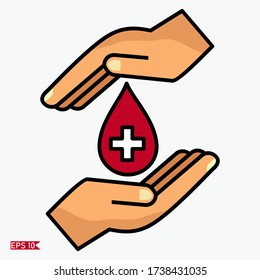la sangre cae entre dos palmas. ilustración de manos y gotas de sangre, en un estilo plano.