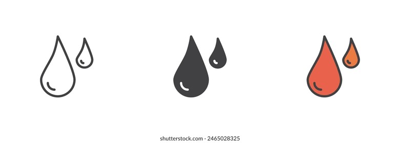 Blood drops different style icon set. Line, glyph and filled outline colorful version, outline and filled vector sign. Symbol, logo illustration. Vector graphics