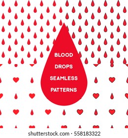 Blood drops on white background simple seamless pattern set. Stock vector illustration of blood transfusion and donation. Medicine and biology collection.