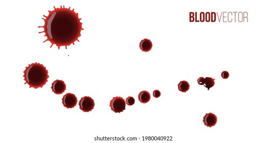 Blood drops set. Red splattered stains, splash, drip liquid spots vector illustration. Murder crime scene textures on white background. Horror bloody scary collection of bloodstains.