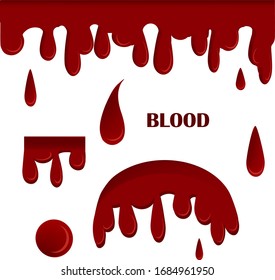 Caídas de sangre y salpicaduras. Líquido goteo. Flujos de pintura. Pintura actual, manchas. Caídas actuales. Derrame sangre. Tintas actuales. Ilustración vectorial. Color fácil de editar. 