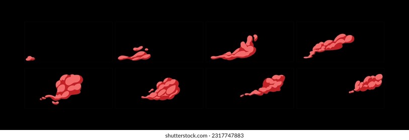 efectos de animación de explosión sanguínea. Caricatura 2d Marcos de hojas de sátira animados por sangre. Conjunto de ilustraciones vectoriales del guión gráfico de efecto sanguíneo. 