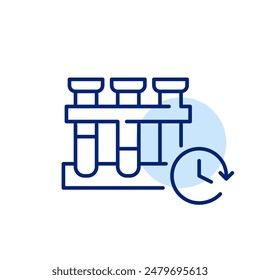 Blood filled test tubes and clock. Timed laboratory procedures. Urgent blood analysis. Pixel perfect, editable stroke