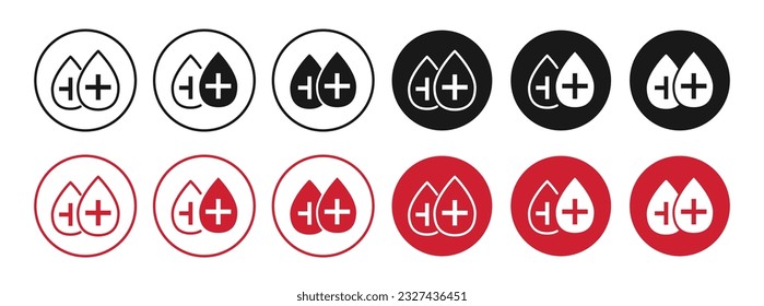 Juego de iconos de flujo sanguíneo. Signo vectorial de caída de sangre en color negro y rojo.
