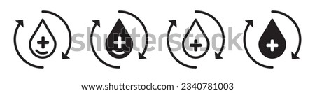 Blood flow symbol icon set collection for web app ui use. Vector sign of water drop with plus sign shows healthy plasma. Outlined logo of natural droplet wet recycle cholesterol. Black  white fluid 