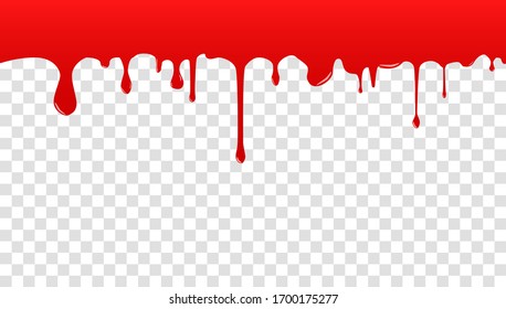 Blut fließt auf einem transparenten Bildschirm herunter. Bluttropfen. Muster. Nahtloses fließendes Blut. Tropfen der roten Flüssigkeit und Spritzen.
