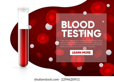 Blood in glass flasks, transfusion and testing. Laboratory and vacutainer collection tube. Medical glass flask for studying blood. Vector illustration.