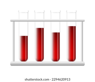 Blut in Glaskolben, Transfusion und Testung. Laboratorium und Vakuum-Sammelrohr. Medizinische Flaschensymbole mit Blut und Plasma. Vektorgrafik.