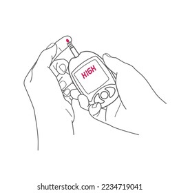 Blood glucose control, self-monitoring of blood glucose, hands with a glucometer, high. Vector drawing