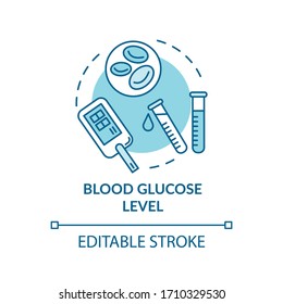 Blood Glucose Level Concept Icon. Cardiovascular Disease, Diabetes Mellitus Idea Thin Line Illustration. Hypoglycemia Monitoring Instruments. Vector Isolated Outline RGB Color Drawing. Editable Stroke