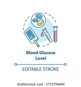 Blood Glucose Level Concept Icon. Cardiovascular Disease, Diabetes Mellitus Idea Thin Line Illustration. Hypoglycemia Symptom Monitoring. Vector Isolated Outline RGB Color Drawing. Editable Stroke