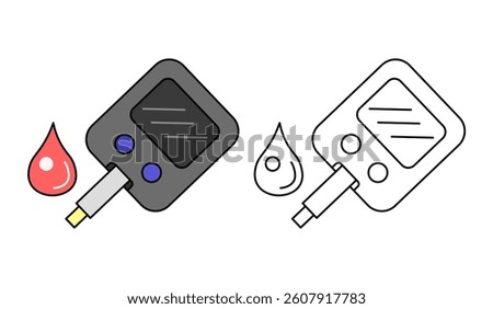 blood glucose meter with blood dropper, colored and outline versions. Ideal for medical, diabetes, healthcare and diagnostic themes. Editable outline