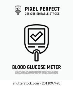 Blood glucose meter with good result on screen. Glucometer with check mark. Normal level of sugar. Medical device for diabetes. Pixel perfect, editable stroke. Vector illustration.