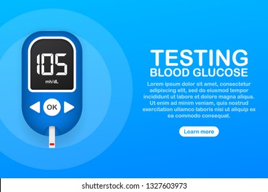 Blood glucose meter level test. Diabetes glucometer. Abstract concept graphic web banner element. Vector stock illustration.