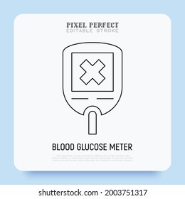 Blutzuckermessgerät mit negativem Ergebnis auf dem Bildschirm. Glukometer mit Kreuz. Hohe Zuckermenge. Medizinisches Gerät für Diabetes. Pixel perfekt, bearbeitbarer Strich. Vektorgrafik.
