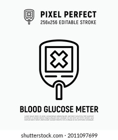 Medidor de glucosa sanguínea con resultado negativo en pantalla. Glucómetro con cruz. Alto nivel de azúcar. Equipo médico para la diabetes. Trazo perfecto y editable. Ilustración vectorial.