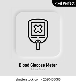 Medidor de glucosa sanguínea con resultado negativo en pantalla. Glucómetro con cruz. Alto nivel de azúcar. Equipo médico para la diabetes. Trazo perfecto y editable. Ilustración vectorial.