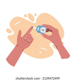 Blood Glucose Test. Cartoon Hands Holding Glucometer And Measures Sugar Level By Finger Stick. Diabetes Monitoring And Analysis Device Vector Concept Illustration. Glucose Level Or Sugar Test Control.