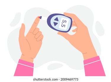 Blood Glucose Test. Hands Hold Glucometer And Measures Sugar Level By Finger Stick. Diabetes Monitoring And Analysis Device Vector Concept. Illustration Level Of Glucose, Sugar Test Control