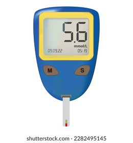 Análisis de azúcar en sangre. Medidor de glucosa con nivel de azúcar en sangre en la pantalla. Medicina, diabetes, glicemia, concepto de salud.