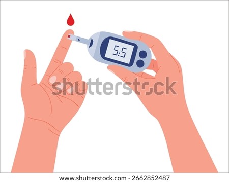 Blood glucose test vector concept showing hands holding glucometer measuring sugar level by finger stick ideal for diabetes monitoring and analysis designs