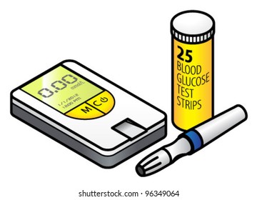 A Blood Glucose Tester With A Tube Of Test Strips And A Lancet.