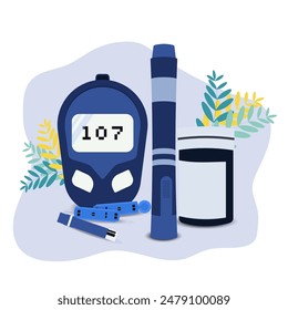 Juego de herramientas de glucosa en sangre y Vector de stock de glucómetro 