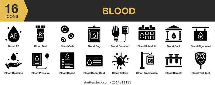 Conjunto de iconos de glifo de sangre. Incluye presión, informe, muestra, tubo de ensayo, transfusión de sangre y más. Colección de Vector de iconos sólidos.