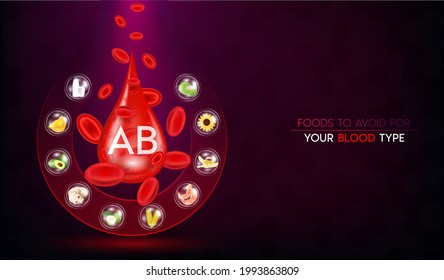 Blood Group AB, Foods Vegetable Fruit  To Avoid For Your Blood Type. Medical Nutriment Concept. Realistic With 3D Vector Illustration. On A Dark Red Background.