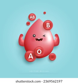 La sangre con gotas en grupo es fuerte. tipo de sangre. lindo y feliz sano sonriente personaje de gota de sangre para aplicaciones médicas, sitios web y hospital. diseño vectorial. 