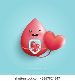 Sangre con gotas en grupo. tipo de sangre. lindo y feliz sano sonriente personaje de gota de sangre para aplicaciones médicas, sitios web y hospital. diseño vectorial. 