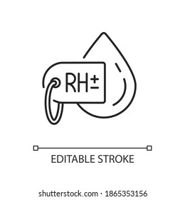 Icono lineal de prueba de grupo sanguíneo. Determinación del tipo de factor RH. Análisis médico. Diagnóstico fluido. Ilustración personalizable de línea delgada. Símbolo de contorno. Dibujo de contorno aislado del vector. Trazo editable