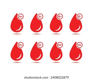 Blood group vector icon set. O, A, B, AB Positive and Negative Type of Blood Pictogram Set.