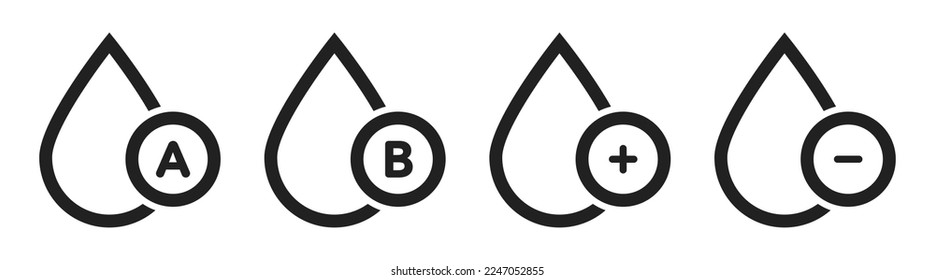 Blood group vector icons. Drops of blood. Blood droplet icon set. 