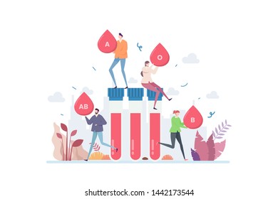 Concepto de Ilustración Vectorial Grupo de Sangre Mostrando a un grupo de personas mostrando diferentes grupos de sangre, Adecuado para la página de inicio, ui, web, tarjeta de introducción de la aplicación, editorial, volante y banner.