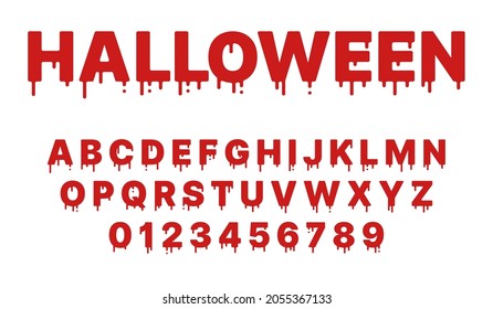 Blood halloween font. Red paint liquid, flowing english alphabet with drops and drips, grunge latin letters and numbers, fluid typography, horror mystery lettering. Vector isolated set
