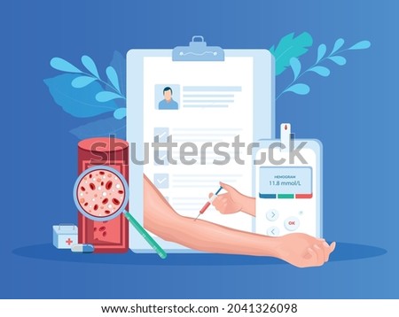 blood hemoglobin level test illustration.lab technicianwith blood tube and hematology analyzer equipment of laboratory and screen with data of Hemogram and Reference values. Doctor withblood of patien