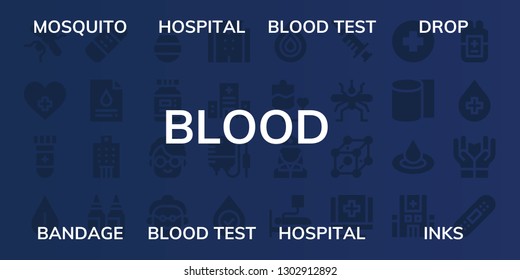  blood icon set. 32 filled blood icons. on blue background style Simple modern icons about  - Mosquito, Hospital, Blood test, Drop, Bandage, Inks, Ink, Grandmother, Transfusion