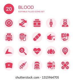 Blood Icon Set. Collection Of 20 Filled Blood Icons Included Pressure, Blood, Ink, Nurse, Transfusion, Bandage, Pressure, Live Drive, Heartbeat, Hospital, Injection