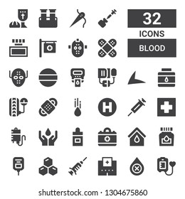 Blood Icon Set. Collection Of 32 Filled Blood Icons Included Blood Donation, Hospital, Vaccine, Cells, Saline, Ink, Medical, Ear Dropper, Transfusion, Raindrop, Bandage